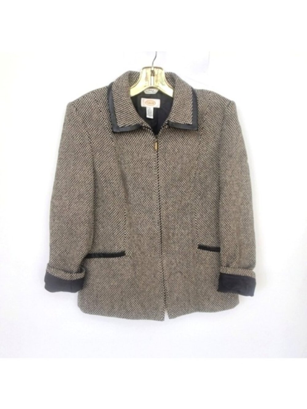 Talbots Wool Tweed Jacket Leather Trim Italian Fabric Pockets